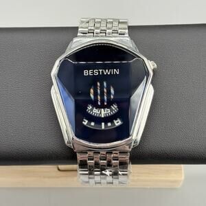 Bestwin Men's Futuristic Shield Watch Rotating Disc Dial Silver Stainless Steel